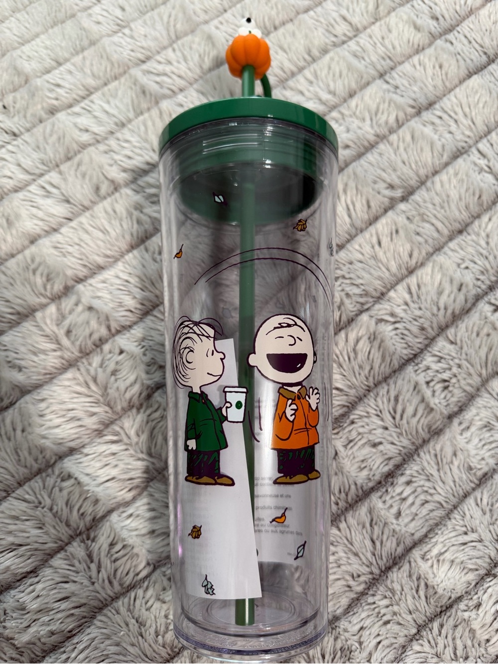 Starbucks Clear Travel Tumbler with Green Lid and Orange Accents